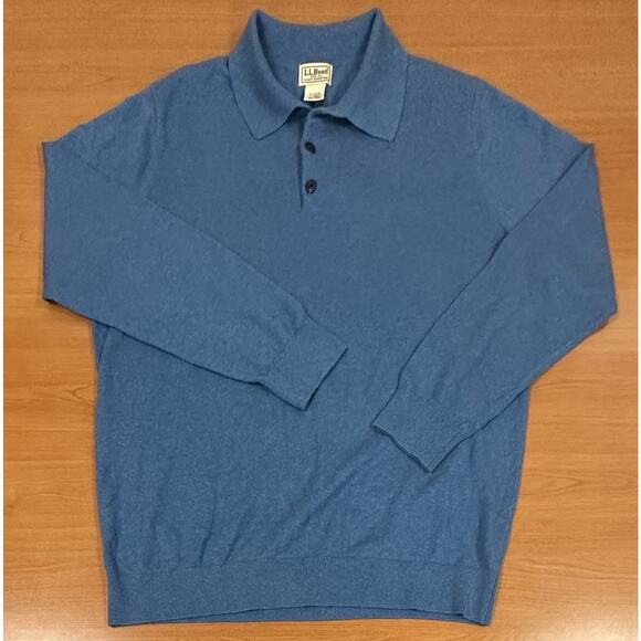 LL BEAN Vintage Cotton Cashmere Long Sleeve BLUE Polo Sweater LARGE TALL EUC - Picture 1 of 9
